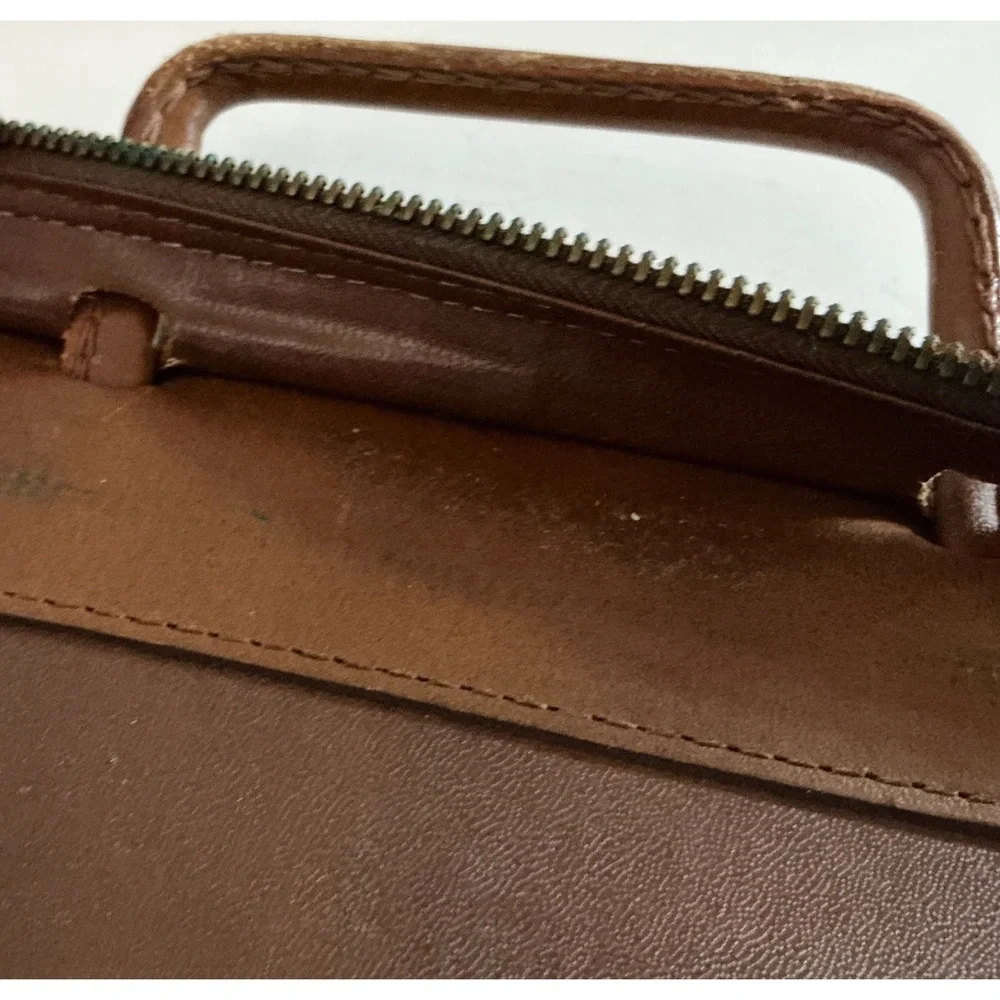 Vintage Leather Briefcase Slim Document Portfolio Brown Retractable Handle L 16